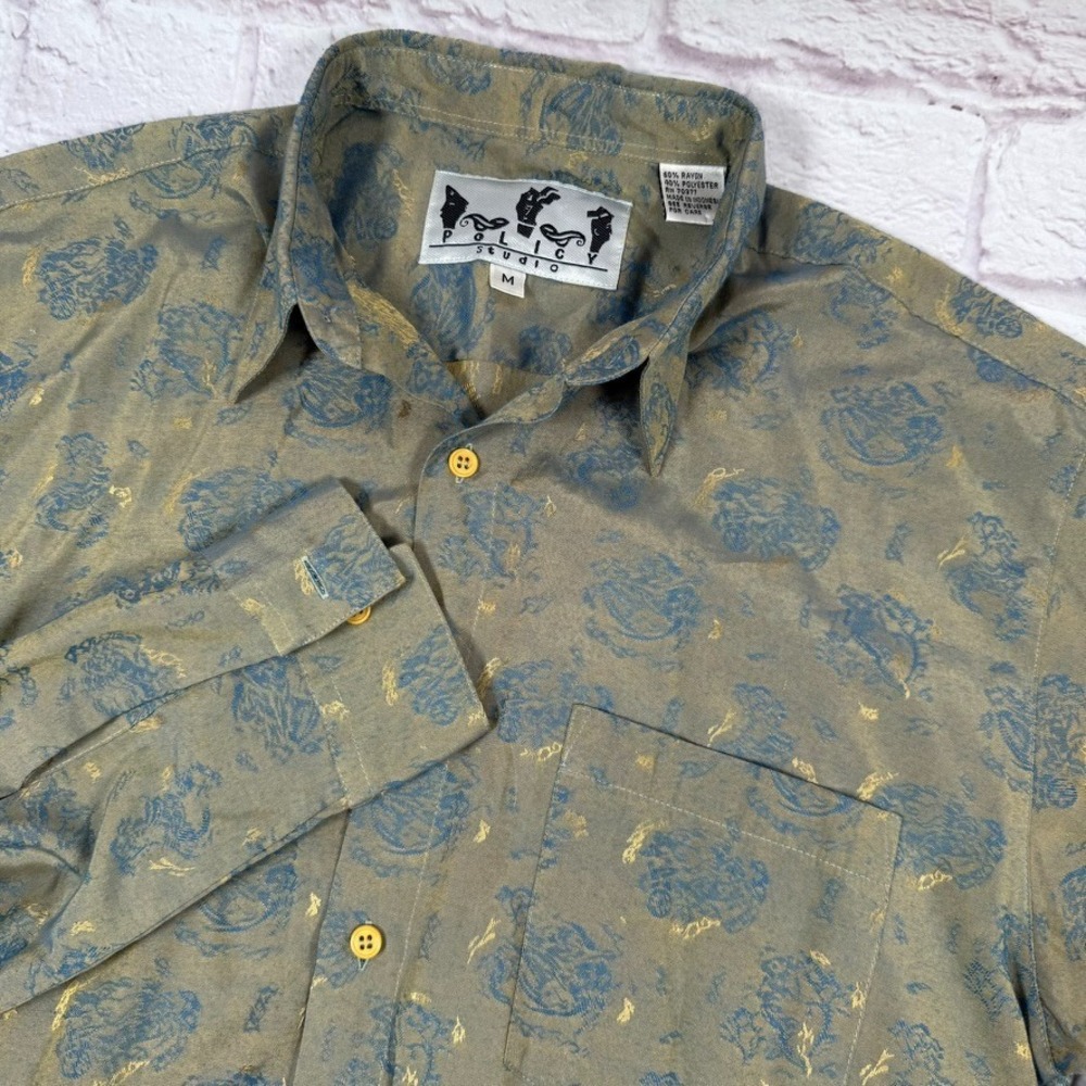 Policy Studio Mens Medium Silky Green/Blue/Gold Long Sleeve Button Up